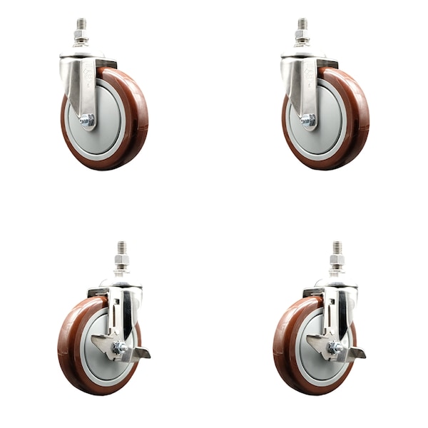 Service Caster 5 Inch 316SS Maroon Polyurethane 3/8 Inch Threaded Stem Caster Brakes SCC, 2PK SS316TS20S514-PPUB-MRN-381615-2-TLB2 - main